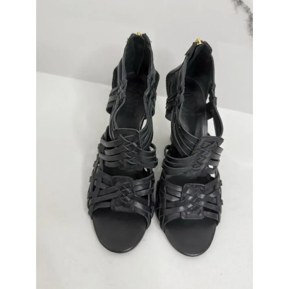 Tory Burch Tevray Huarache Black Wedge Strappy Leather Sandals Women's Size 9